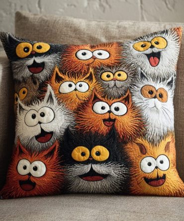 Funny Cats Quilted Decorative Pillow Cover , Cute Cat Print Throw Pillowcase – Cozy Quilted Home Accent For Cat Lovers (Square)