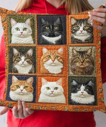 Whimsical Patchwork Cat Quilted Pillow Cover — Funny Cat Faces In Patchwork Design, Soft Cotton Throw Case For Playful Home Styling