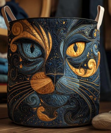 Galaxy Cat Quilted Storage Hamper — Foldable, Washable Laundry Basket With Handles For Bedroom, Nursery & Dorm