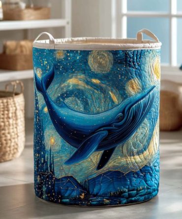 Galaxy Whale Quilted Laundry Hamper – Nautical Space-Print Quilted Basket, Foldable Fabric Hamper With Reinforced Handles
