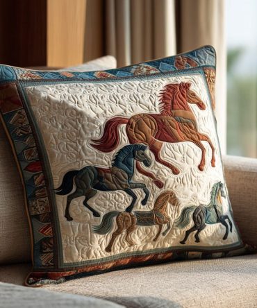 Horse Gallop Quilted Pillow Cover — Equestrian Dream Design Decorative Throw For Stable, Bedroom & Living Room, Durable Cozy Accent