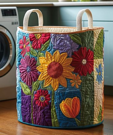 Garden Bloom Patchwork Quilted Laundry Hamper — Vibrant Floral Patchwork Fabric Basket For Stylish Home Organization