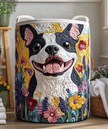 Garden Bloom Pup Quilted Laundry Hamper — Floral Puppy Print Foldable Storage Basket, Soft Washable Laundry Hamper For Nursery, Kids & Gifts