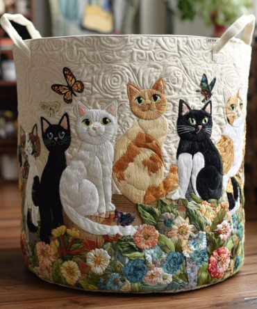 Garden Cats Quilted Laundry Basket — Whimsical Cat Print Fabric Hamper With Padded Handles For Cute, Functional Laundry Storage