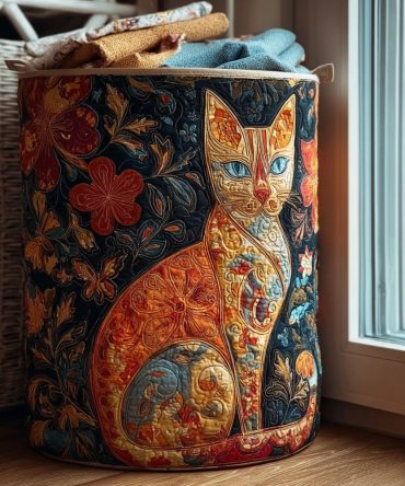 Garden Cats Quilted Laundry Hamper – Floral Cat Design Foldable Decorative Laundry Basket For Bedroom, Porch, Or Gift