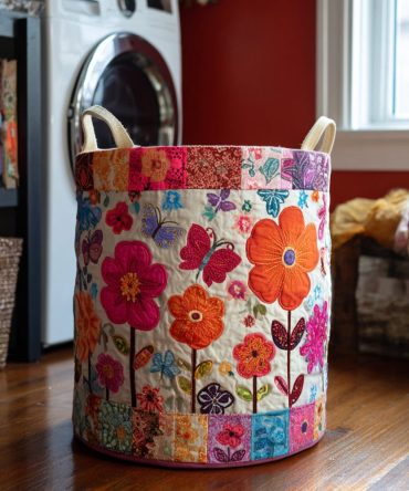 Garden Charm Quilted Laundry Hamper – Floral Decorative Fabric Basket With Strong Handles, Collapsible Design And Easy-Clean Cover For Home
