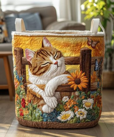 Garden Daydream Cat Quilted Laundry Hamper - Soft Floral Feline Print Collapsible Basket For Nursery, Bedroom & Pet Lovers