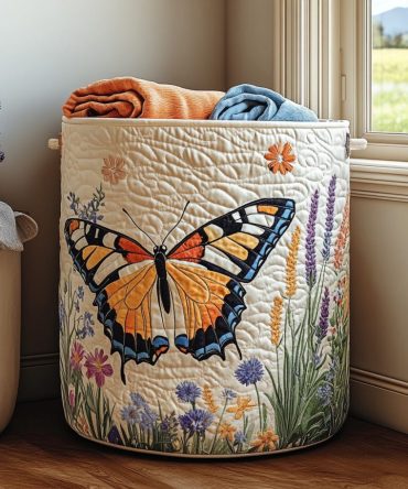 Garden Flutter Quilted Laundry Hamper — Botanical Quilted Fabric Storage Basket, Foldable & Washable With Reinforced Handles