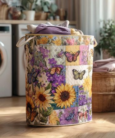 Botanical Garden Quilted Laundry Basket - Floral Print Fabric Hamper, Large Capacity, Foldable Fabric Hamper With Sturdy Handles & Easy-Care