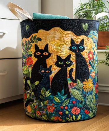 Garden Guardians Quilted Fabric Hamper - Botanical Guardians Print Collapsible Laundry Basket For Patio, Porch & Indoor Use, Durable