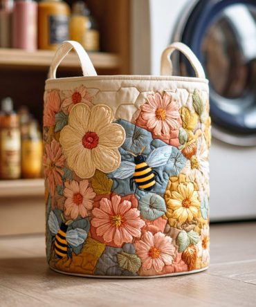 Garden Hive Quilted Laundry Hamper — Nature-Inspired Floral Fabric Basket, Roomy Foldable Laundry Organizer With Carry Handles