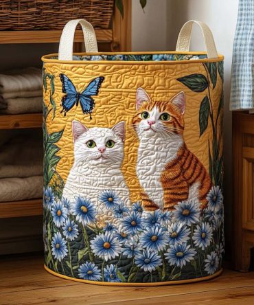 Garden Kitties Quilted Laundry Hamper — Bright Cat Garden Print Fabric Basket, Foldable Laundry Storage With Handles For Cheerful Rooms