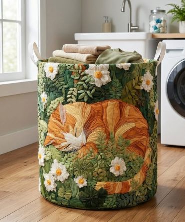 Garden Napcat Quilted Laundry Hamper — Floral Garden Cat Quilted Fabric Storage Bin With Collapsible Design & Reinforced Easy-Carry Handles