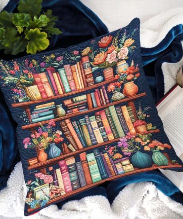 Garden Of Knowledge Quilted Decorative Pillow Cover — Botanical Books & Blooms Motif Throw Pillowcase For Smart, Serene Interiors