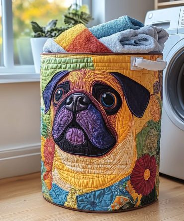 Garden Pug Quilted Laundry Hamper — Cute Decorative Fabric Laundry Basket, Large Collapsible Organizer With Handles, Washable & Durable