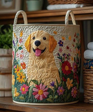 Garden Pup Quilted Laundry Hamper — Floral & Puppy Print Collapsible Washable Laundry Basket For Pet Lovers, Kids & Home Storage