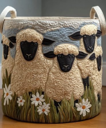 Garden Sheep Quilted Laundry Hamper — Cute Pastoral Sheep Print, Lightweight Collapsible Fabric Basket For Kids Room & Laundry
