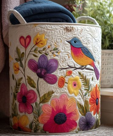 Charming Quilted Laundry Hamper - Garden Songbird Print , Lightweight Collapsible Laundry Basket With Reinforced Handles For Home Decor