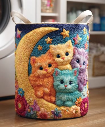 Garden Whiskers Quilted Laundry Hamper — Playful Floral & Cat Motif Collapsible Laundry Basket With Durable Handles & Soft Breathable Lining