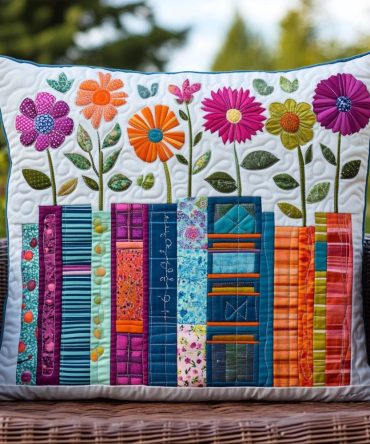 Garden Of Books Quilted Decorative Pillow Cover — Literary Garden Cushion Sham, Cozy Bibliophile Accent For Reading Nook