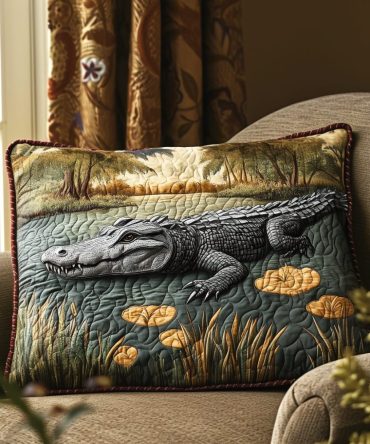 Gator Swamp Quilted Pillow Cover — Whimsical Nature Motif Sham, Durable Cotton-Blend Decorative Pillowcase For Rustic & Cabin Style Rooms