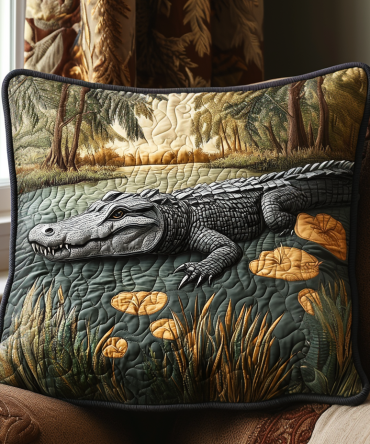 Gator Swamp Quilted Accent Pillow Cover — Rustic Alligator Motif Decorative Pillowcase For Cabin & Coastal Decor