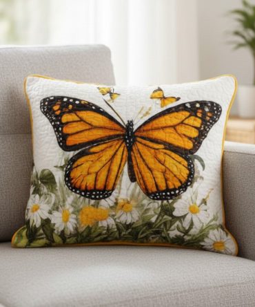 Monarch Meadow Quilted Decorative Pillow Cover: Cotton-Blend Throw Pillowcase For Bed & Sofa, Reversible, Machine Washable, Gift