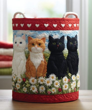 Gentle Cat Quilted Laundry Hamper — Cute Cat Design Foldable Laundry Basket With Handles For Home & Kids’ Rooms