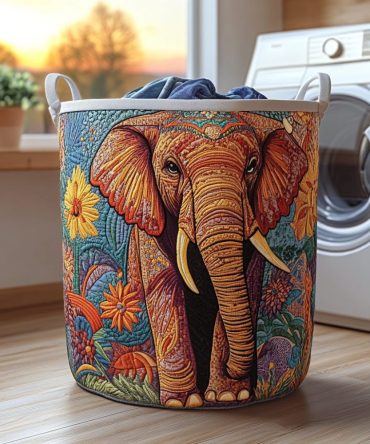 Soft Elephant Quilted Laundry Hamper - Gentle Animal Print Fabric Basket, Large Capacity, Foldable Fabric Hamper With Sturdy Handles & Easy-Care