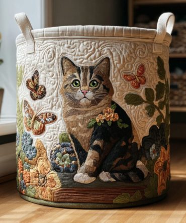 Elegant Quilted Laundry Hamper With Gentle Gaze Floral Art — Large Foldable Fabric Basket, Sturdy Handles & Washable Cover For Home