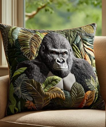 Gentle Gorilla Quilted Decorative Pillow Cover — Soft Stitched Square Throw Pillowcase With Charming Wildlife Illustration For Nursery Or Living Room