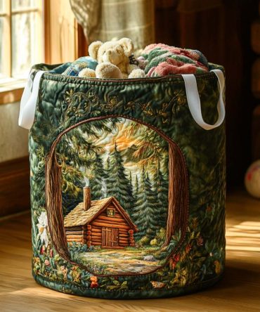 Gentle Pines Quilted Laundry Hamper — Serene Pine-Patterned Laundry Basket With Strong Handles For Bedroom, Bathroom & Entryway Storage
