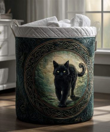 Gentle Prowler Quilted Laundry Hamper — Elegant Cat Motif Storage Basket, Collapsible Durable Fabric For Bedroom & Bathroom