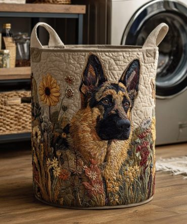 Quilted Fabric Laundry Hamper With German Shepherd Meadow Print — Large Collapsible Dog-Themed Laundry Basket For Homes