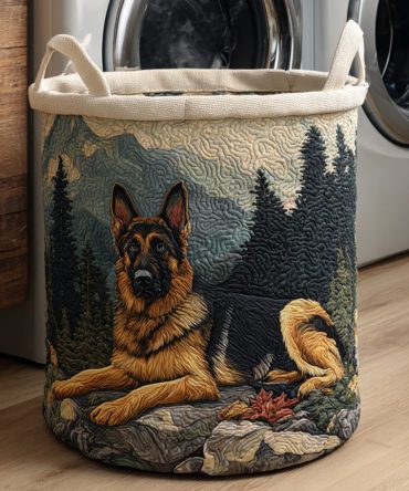 German Shepherd Mountain Quilted Storage Hamper — Sturdy Foldable Laundry Basket With Handles, Durable Padded Fabric For Pet Lovers & Home Use
