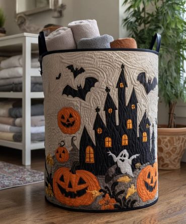 Ghostly Glow Quilted Laundry Hamper – Spooky Seasonal Laundry Basket, Large Decorative Halloween Hamper With Handles & Collapsible Storage