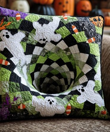 Ghostly Vortex Quilted Pillow Cover — Spooky Swirl Design For Halloween, Soft Quilted Texture With Hidden Zipper, Durable & Machine Washable