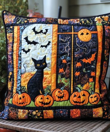 Ghoulish Black Cat Halloween Quilted Pillow Cover — Spooky Chic Accent For Fall & Haunted-Themed Decor, Soft Quilt Texture, Machine-Washable