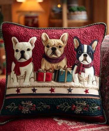 Gift Box Frenchies Quilted Pillow Cover — Adorable French Bulldog Accent Cushion Case, Perfect Dog Lover Gift, Durable & Decorative