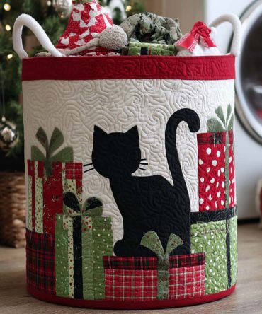 Gift Cat Quilted Laundry Hamper — Charming Wrapped-Present Cat Design Foldable Fabric Basket, Perfect Laundry Organizer & Gift Idea