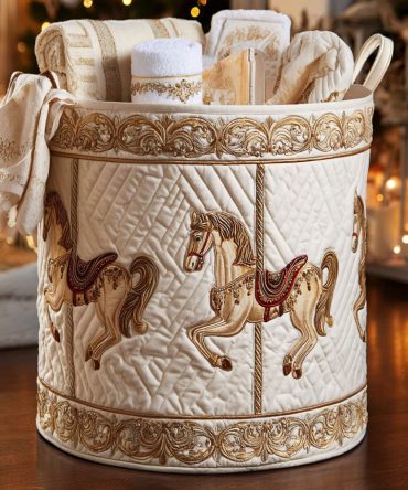 Gilded Echoes Quilted Laundry Hamper — Luxe Metallic Motif Fabric Basket, Foldable Decorative Storage With Sturdy Handles For Stylish Homes