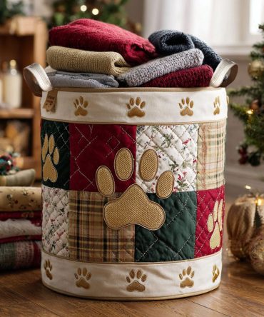 Gilded Paw Memories Quilted Laundry Hamper — Elegant Metallic Paw Print Fabric Basket, Collapsible Home Organizer For Pet Lovers