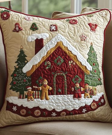 Ginger House Quilted Pillow Cover — Whimsical Gingerbread House Quilted Throw Pillowcase For Festive Holiday Charm