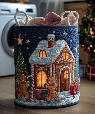 Ginger Joy Quilted Holiday Laundry Basket - Foldable Decorative Hamper With Sturdy Handles For Seasonal Storage