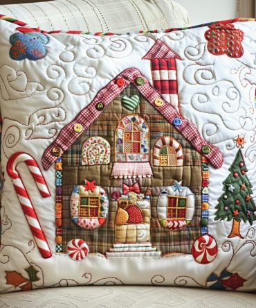 Gingerbread Cottage Quilted Pillow Cover — Cozy Christmas Cookie House Throw For Holiday Decor, Soft Quilted Accent For Sofa & Bed