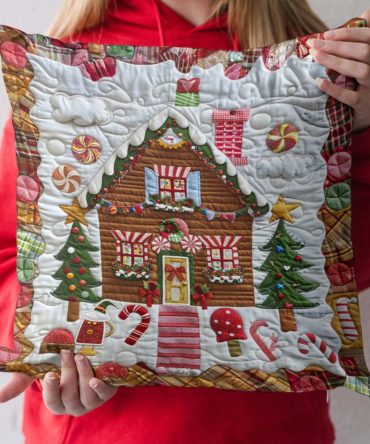 Gingerbread Delight Quilted Pillow Cover — Whimsical Gingerbread House Decorative Throw Pillow Case, Festive Quilted Accent For Holiday Cheer