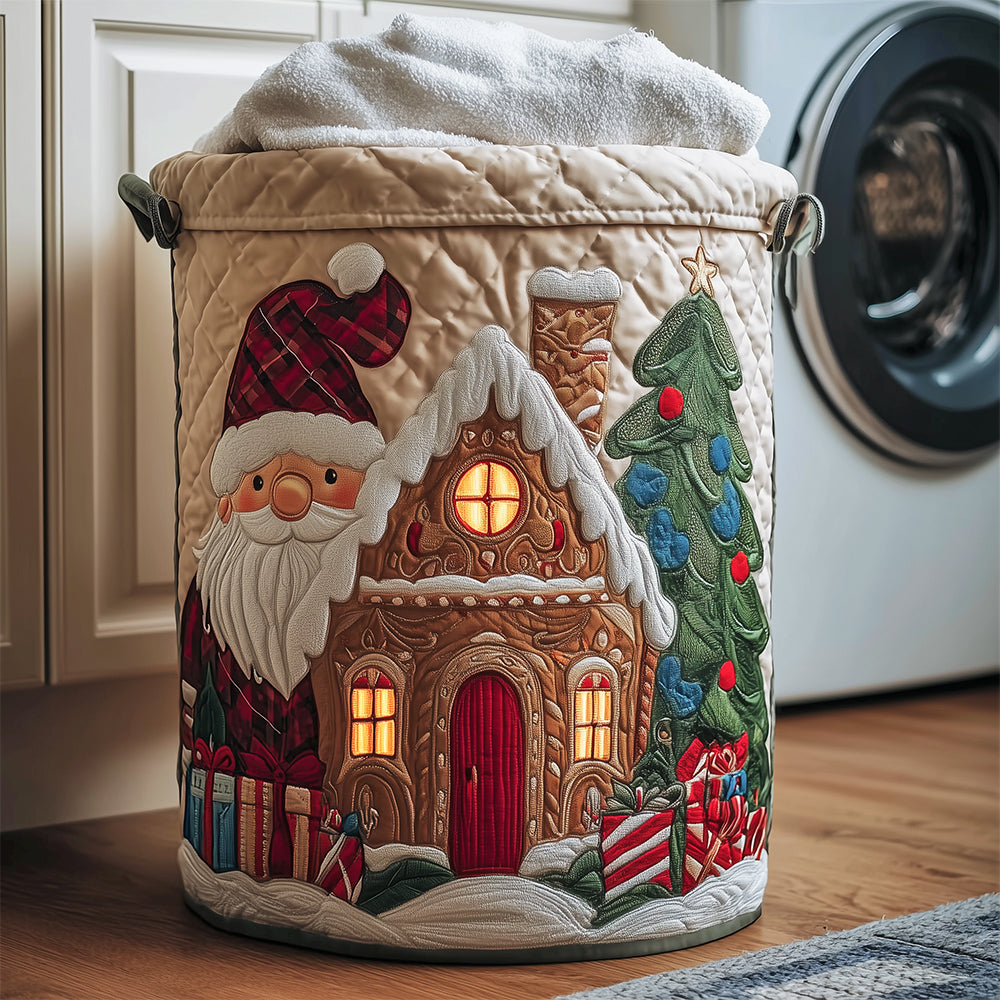 Gingerbread Cottage Quilted Laundry Hamper - Decorative Foldable Christmas Basket With Reinforced Handles