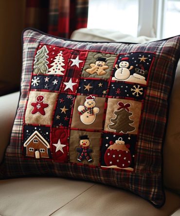 Gingerbread & Snow Quilted Holiday Pillow Cover — Charming Festive Throw Pillow Case, Warm Christmas Accent For Home Decor