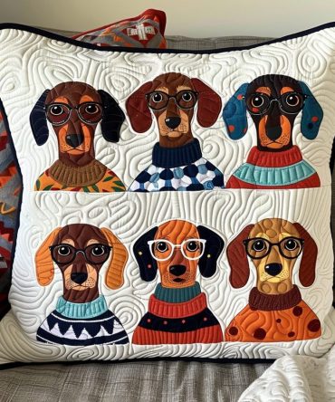 Glasses Sweater Dachie Quilted Pillow Cover - Trendy Dachshund Decorative Pillowcase For Modern & Cozy Home Styling