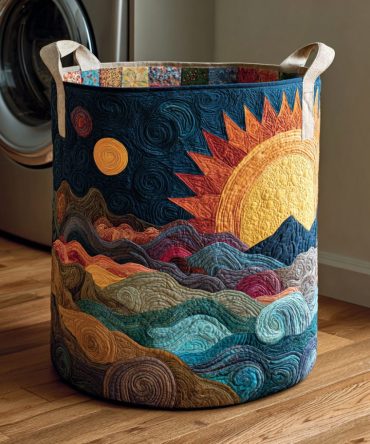 Glimmering Sun Quilted Laundry Hamper — Bright Decorative Foldable Basket For Modern Homes, Lightweight & Sturdy With Reinforced Handles